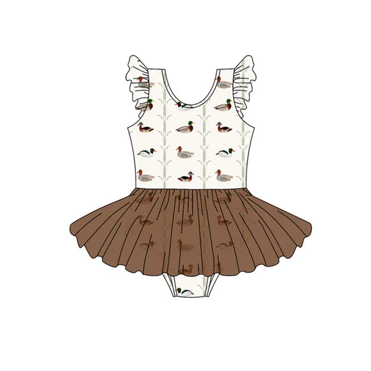 Preorder (moq 5)Baby Girls Flutter Sleeves Ducks Stripe Brown Tulle Rompers 5.13