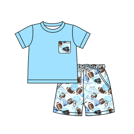 Preorder (moq 5)Baby Boys Blue Short Sleeves Pocket Top Footballs Flags Short Set 4.24
