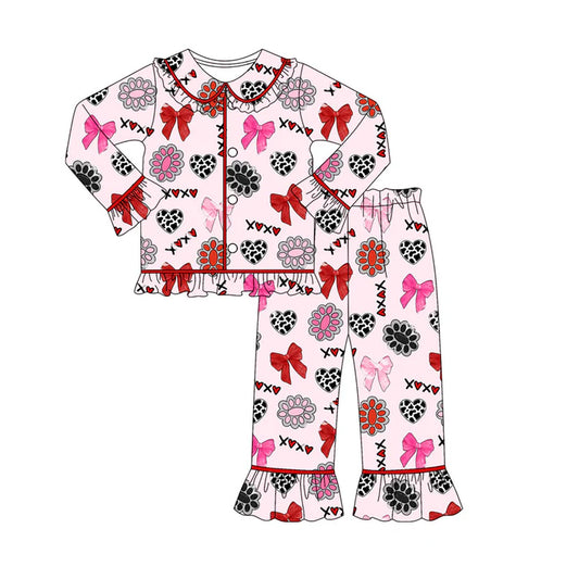 Preorder (moq 8)Baby Girls Turquoises Hearts XOXO Button Top Pants Valentine Pajamas Sets 9.22