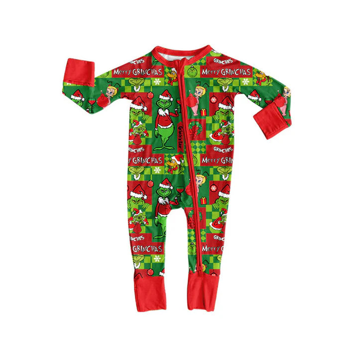 Preorder (moq 8)Baby Boys Green Faces Miss Christmas Zipper Footie Rompers 9.23
