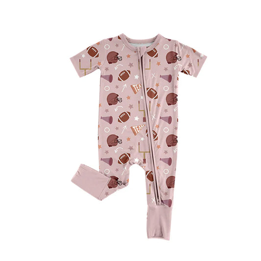 Preorder (moq 5)Baby Girls Lavender Short Sleeves Cheer Footballs Zipper Rompers 6.4