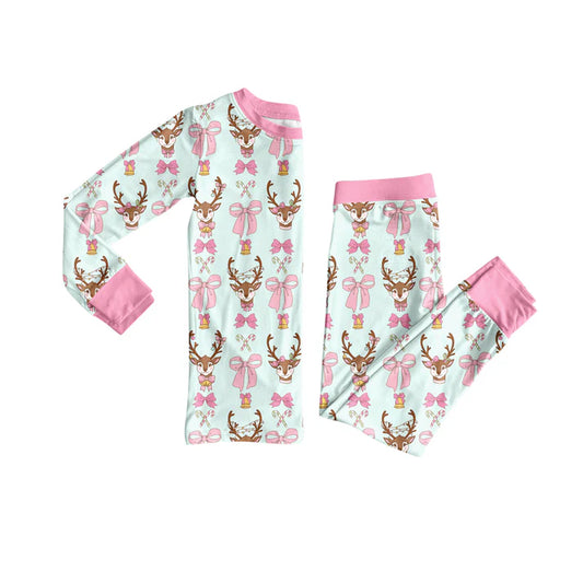 Preorder (moq 5)Baby Girls Long Sleeves Pink Bows Deer Top Pant Pajamas Set 6.17