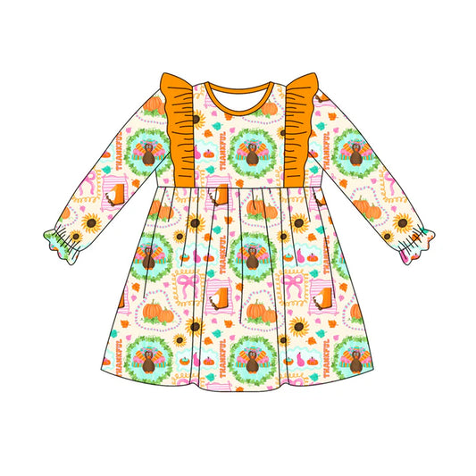 Preorder (moq 5)Baby Girls Long Ruffle Sleeves Turkey Pumpkins Plaid Knee Length Dresses 7.28