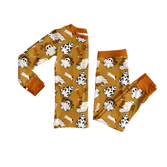 Preorder (moq 5)Baby Girls Brown Long Sleeves Ghost Boots Top Pant Pajamas Set 6.17
