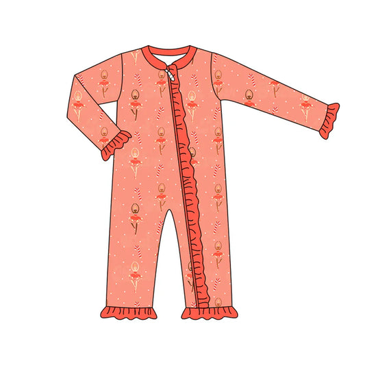 Preorder (moq 5)Baby Girls Long Sleeves Peach Candy Cane Dancers Plaid Ruffle Zipper Romper 7.2
