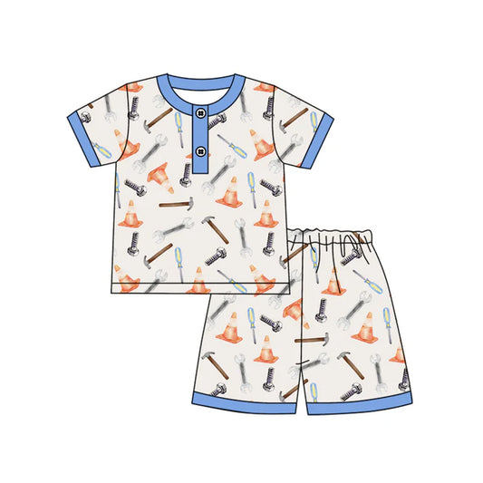 Preorder moq 5 Baby Boys Short Sleeves Button Tools Top Short Pajamas Set 4.14