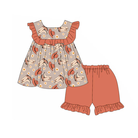 Preorder moq 5 Baby Girls Sleeveless Flowers Boots Tunic Ruffle Short Set 4.18