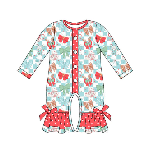 Preorder (moq 5)Baby Girls Long Sleeves Blue Plaid Colorful Bows Button Ruffle Rompers 5.17