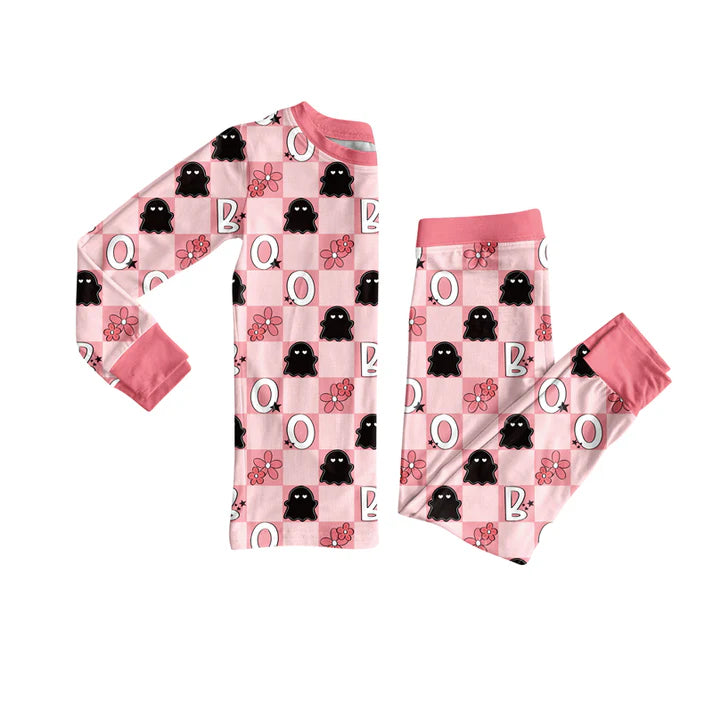 Preorder (moq 5)Baby Girls Long Sleeves Pink Plaid Flowers Ghosts Top Pant Pajamas Set 5.27