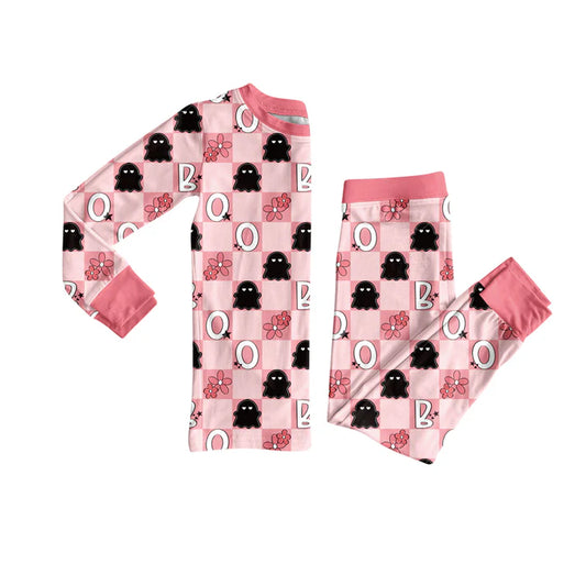 Preorder (moq 5)Baby Girls Long Sleeves Pink Plaid Flowers Ghosts Top Pant Pajamas Set 5.27