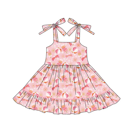 Preorder (moq 5)Baby Girls Pink Bows Strap Glasses Beach Ruffle Knee Length Dresses 6.3