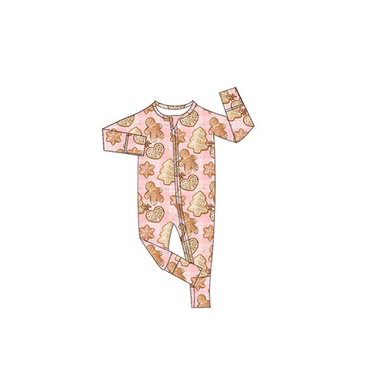 Preorder(moq 5)Baby Girls Long Sleeves Pink Gingerbread Trees Zipper Pant Rompers 7.24
