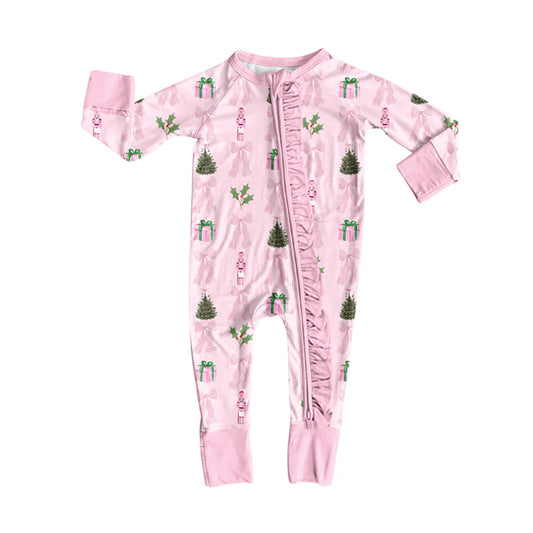 Preorder(moq 5)Baby Girls Christmas Pink Bow Soldier Zipper Footie Rompers 8.9