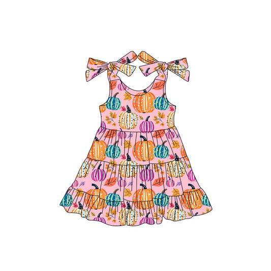 Preorder (moq 5)Baby Girls Bows Sleeveless Colorful Pumpkins Plaid Ruffle Knee Length Dresses 6.12