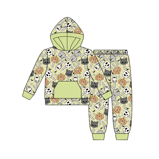 Preorder (moq 5)Baby Boys Green Long Sleeves Ghost Pumpkins Pocket Hoodies Pant Set 6.17