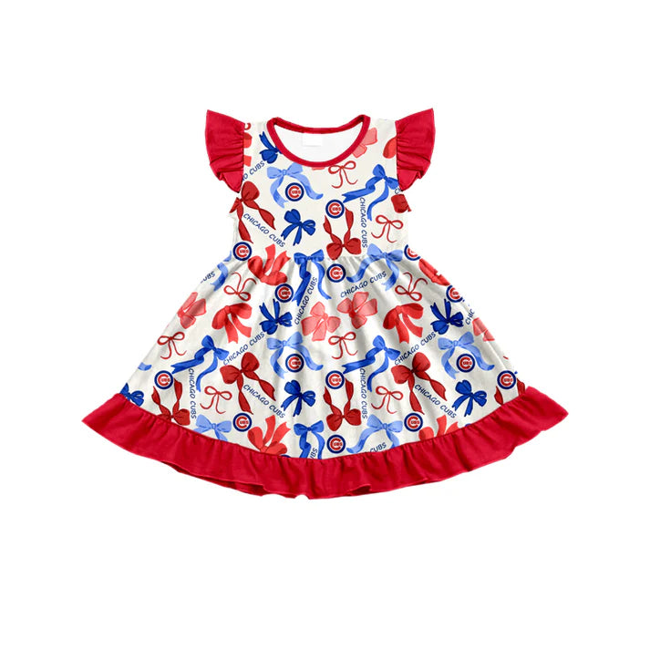 Preorder (moq 5) flutter sleeves C red blue bows girls team dress 8.23