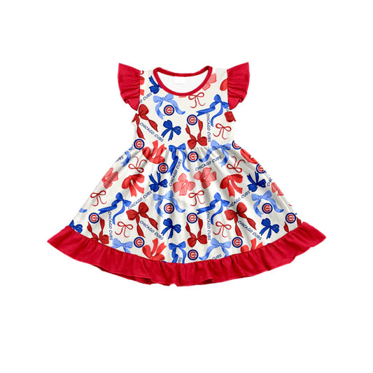 Preorder (moq 5) flutter sleeves C red blue bows girls team dress 8.23