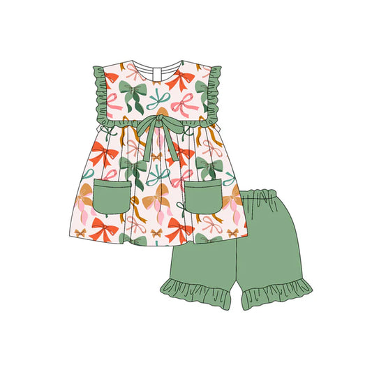 Preorder moq 5 Baby Girls Sleeveless Colorful Bows Pockets Tunic Green Ruffle Short Set 4.18