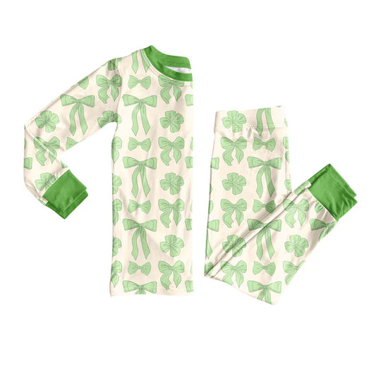 Preorder (moq 8)Baby Girls Light Green Bows Top Pants St Patrick Pajamas Sets 9.13
