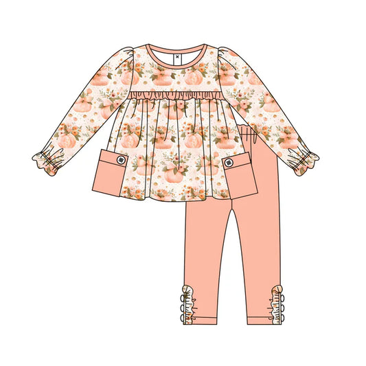 Preorder (moq 5)Baby Girls Long Ruffle Sleeves Peach Flower Pumpkins Pockets Tunic Legging Pant Sets 6.11