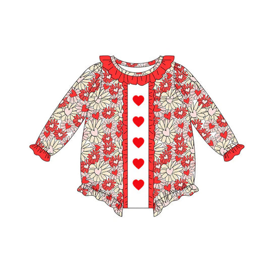 Preorder (moq 8)Baby Girls Red Daisy Hearts Valentine Ruffle Rompers 9.6