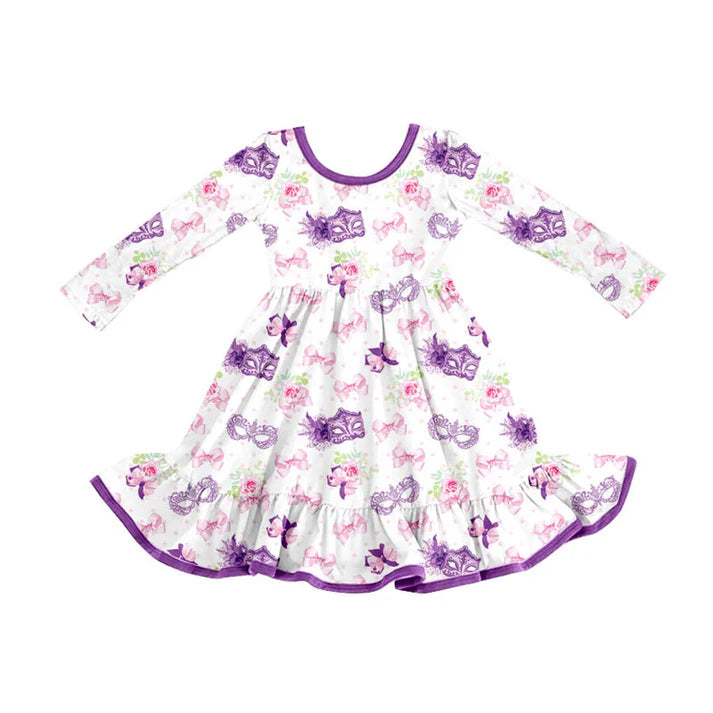 Preorder (moq 5)Baby Girls Mardi Gras Flowers Masks Bows Ruffle Knee Length Dresses 9.3