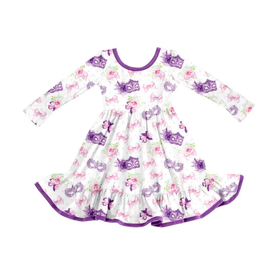 Preorder (moq 5)Baby Girls Mardi Gras Flowers Masks Bows Ruffle Knee Length Dresses 9.3