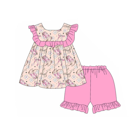 Preorder moq 5 Baby Girls Sleeveless Boots Floral Tunic Pink Ruffle Short Set 4.18