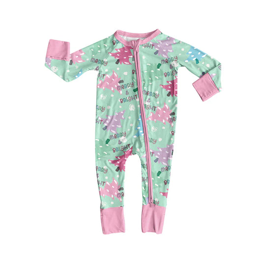 Preorder (moq 5)Baby Girls Long Sleeves Colorful Trees Plaid Merry Bright Zipper Romper 7.2