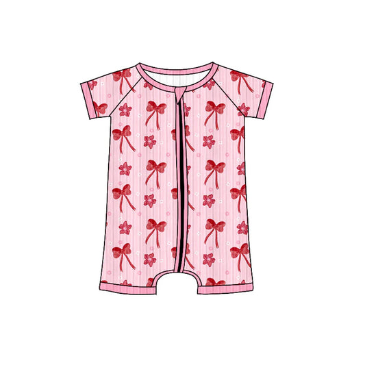 Preorder (moq 5)Baby Girls Pink Short Sleeves Bows Flowers Ribbed Zipper Rompers 6.3