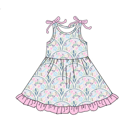 Preorder (moq 5)Baby Girls Bows Sleeveless Colorful Sea Plants Ruffle Knee Length Dresses 6.12