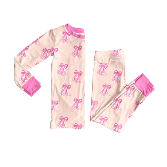 Preorder (moq 5)Baby Girls Pink Bow Boots Top Pants Western Pajamas Sets 12.8