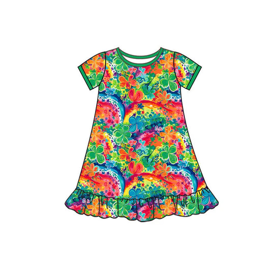 Preorder(moq 5) Baby Girls Short Sleeve Colorful Clovers Flowers St Patrick Ruffle Knee Length Dress 10.4