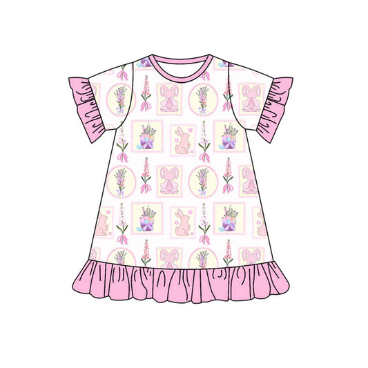 Preorder (moq 8)Baby Girls Flowers Rabbits Checked Easter Ruffle Knee Length Dresses 9.17