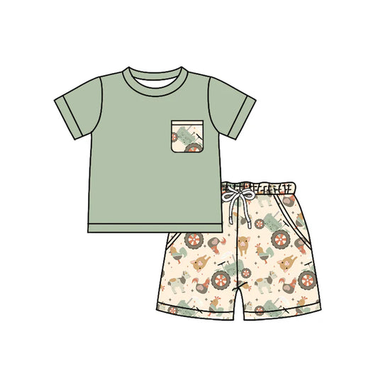 Preorder (moq 5)Baby Boys Green Short Sleeves Pocket Top Chicks Pigs Shorts Farm Set 4.23
