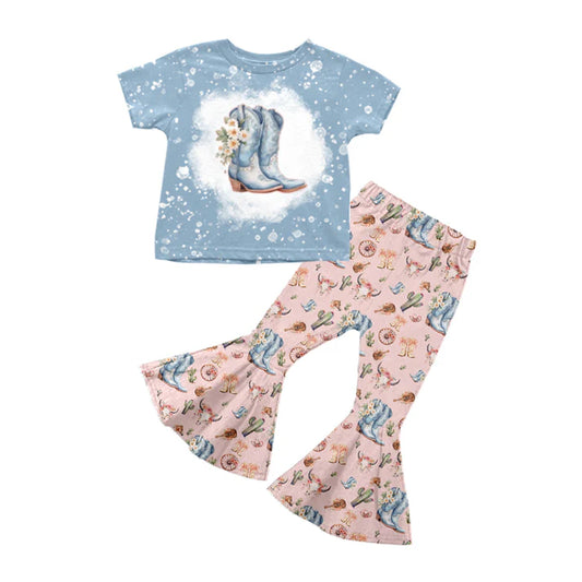 Preorder (moq 5)Baby Girls Blue Short Sleeves Boot Flower Top Pink Bell Bottom Pant Set 5.12