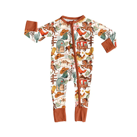 Preorder moq 5 Baby Infant Boys Long Sleeves Horse Rodeos Cactus Plaid Zipper Romper 7.16