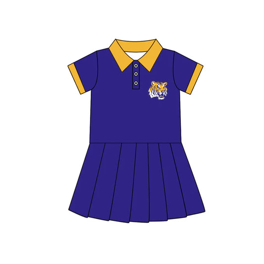 Preorder (moq 5)Baby Girls Purple Short Sleeves Button Tigers Team Shorts Knee Length Dresses 7.10