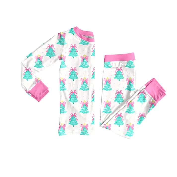 Preorder (moq 5)Baby Girls Long Sleeves Bows Trees Plaid Top Pant Pajamas Sets 5.28