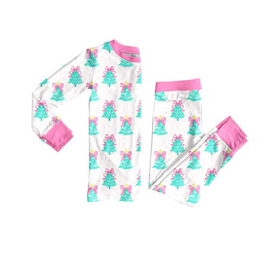 Preorder (moq 5)Baby Girls Long Sleeves Bows Trees Plaid Top Pant Pajamas Sets 5.28