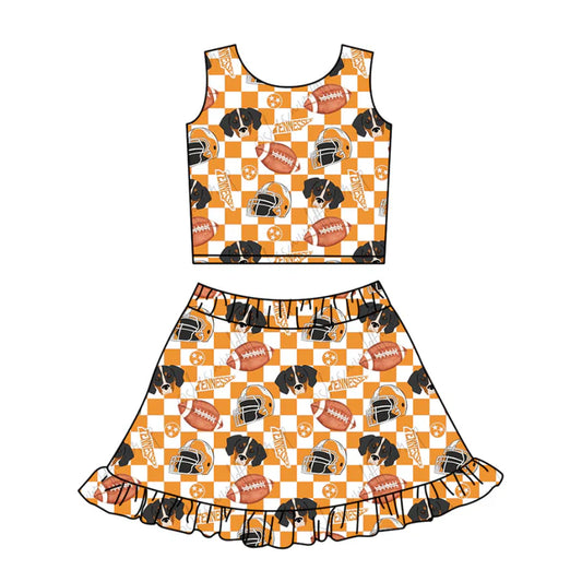 Preorder (moq 5)Baby Girls Orange Checked Football Dogs Vests Ruffle Skirt Shorts Team Clothes Set 1.10