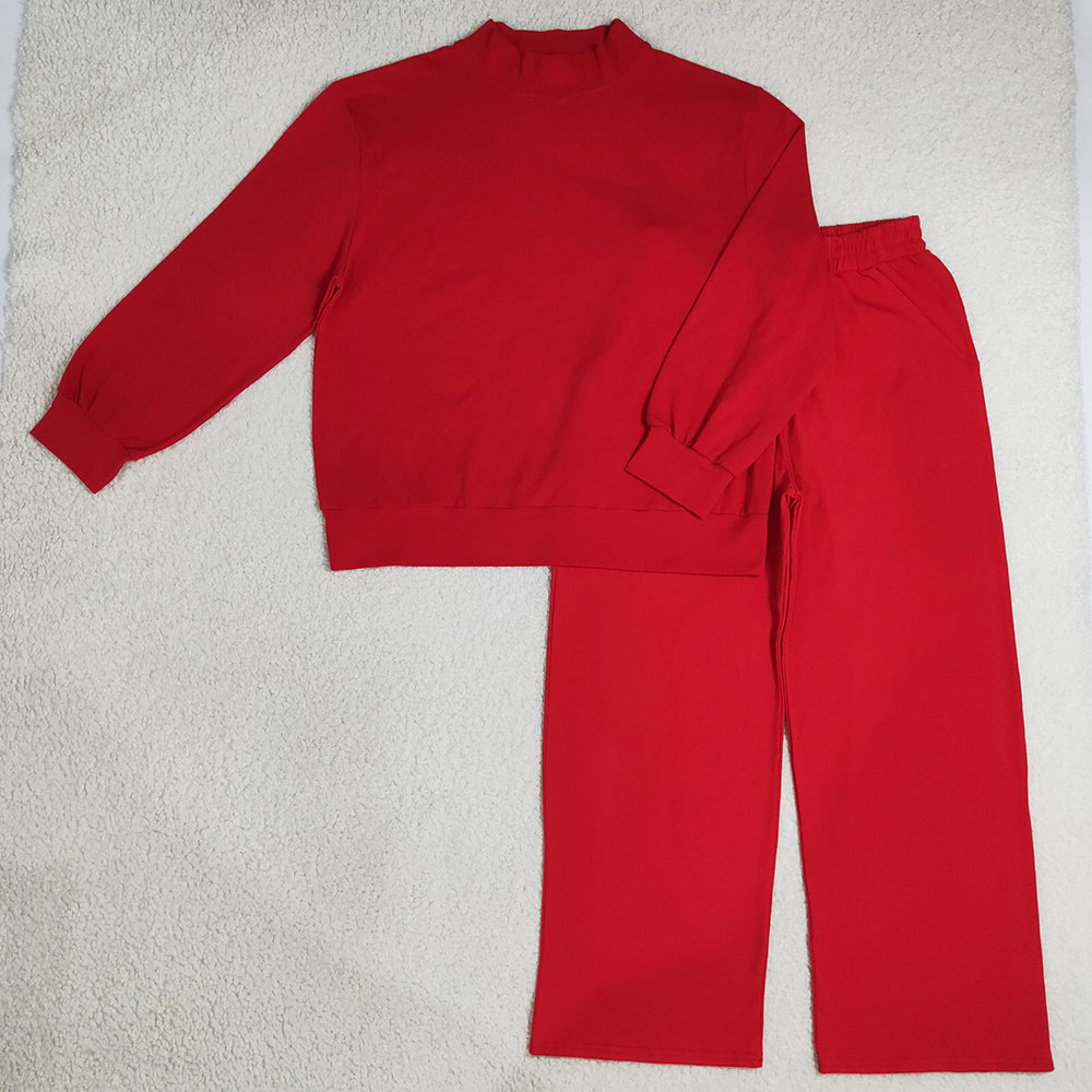 Adult Women Clothes Red Long Sleeve Choker Top Pockets Flare Pants Fall Pajamas Clothes Sets GLP3417