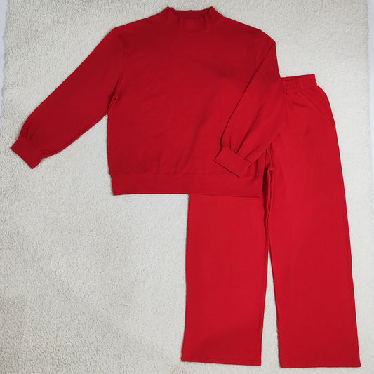 Adult Women Clothes Red Long Sleeve Choker Top Pockets Flare Pants Fall Pajamas Clothes Sets GLP3417