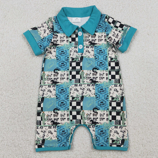 Baby Boys Rompers Short Sleeve Boot Horses Cowboy Western Button Rompers SR3723 1.12