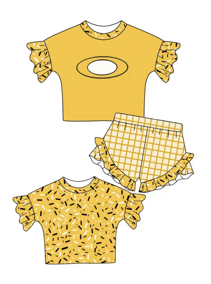 Preorder (moq 5)Baby Girls Gold Back Sprinkles O Top Checked Ruffle Shorts Team Clothes Set 1.12