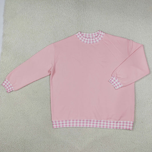 Adult Women Pink Long Sleeve Sweater Gingham Choker Tee Shirts Tops GT1794
