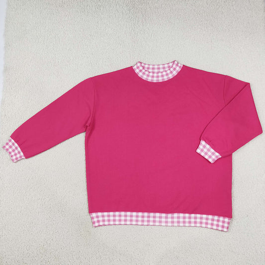 Adult Women Clothes Hot pink Long Sleeve Sweater Gingham Choker Tee Shirts Tops GT1796