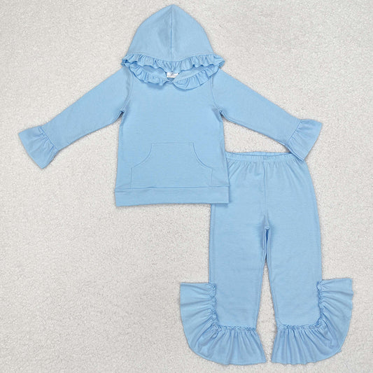 Baby Girls Clothes Light Blue Hooded Ruffle Top Bell Pants Clothes Sets GLP2058