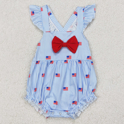 Infant Baby Girls Rompers Blue Stripe Flags Bow 4th Of July Rompers SR2921 3.24