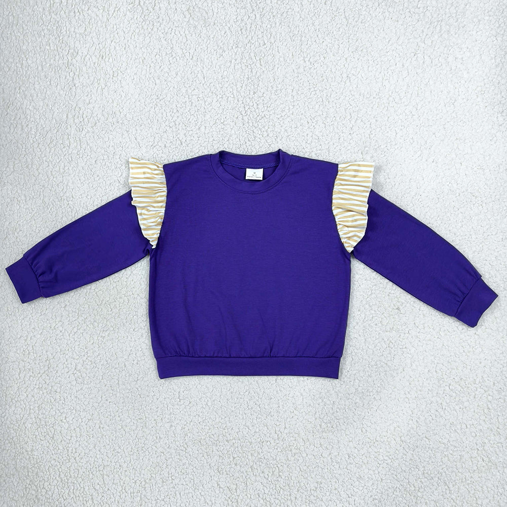 Baby Girls Clothes Purple Khaki Stripe Long Flutter Sleeve T-shirts Top GT1846